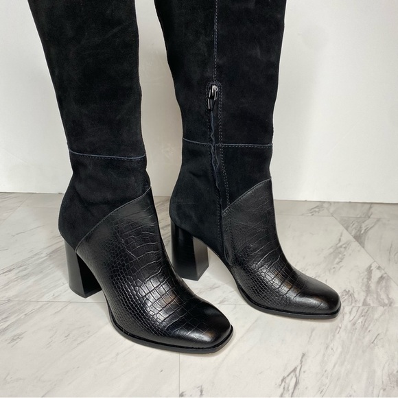 Dolce Vita Fynn Black Suede Crocodile Embossed Leather Heeled Tall Boot 7 1/2 - Picture 10 of 15